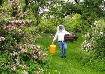 Imker am Bienenstand mit Imkeraustattung
